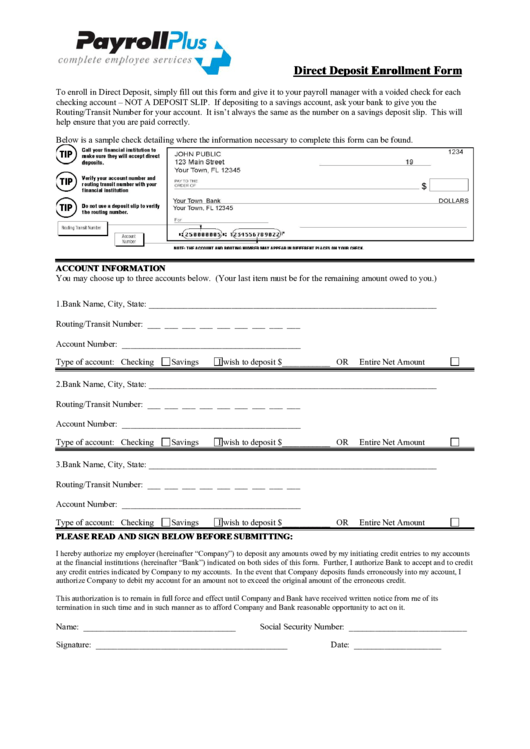 Direct Deposit Enrollment Form Printable pdf