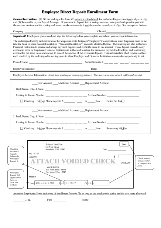 Employee Direct Deposit Enrollment Form printable pdf download
