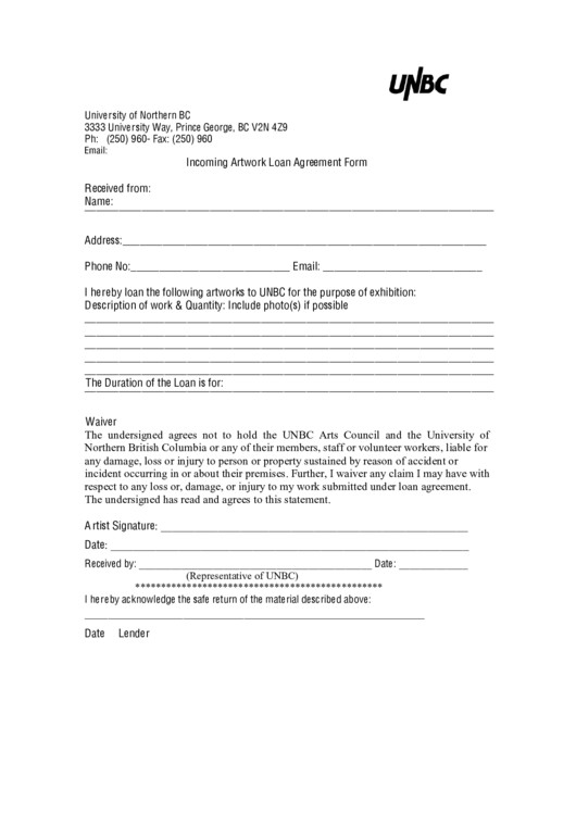Incoming Artwork Loan Agreement Form Printable pdf