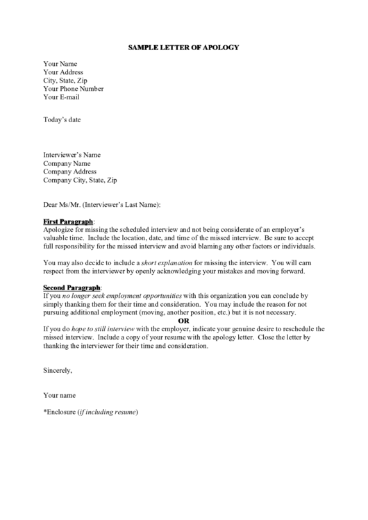 Sample Letter Of Apology Printable pdf
