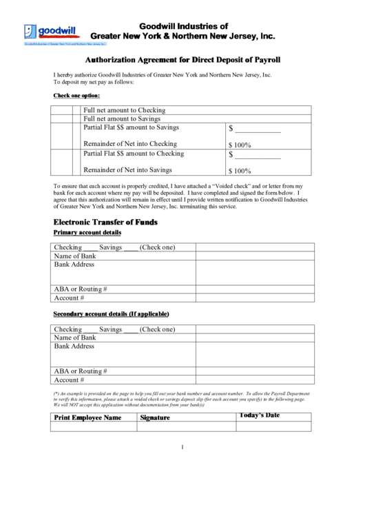 Authorization Agreement For Direct Deposit Of Payroll Printable pdf