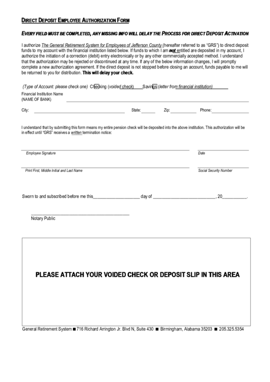 Direct Deposit Employee Authorization Form Printable pdf