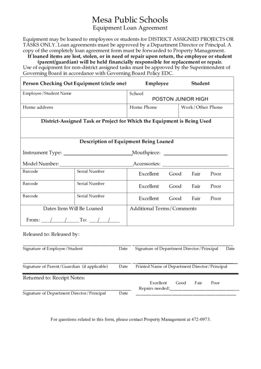 Mesa Public Schools Equipment Loan Agreement Printable pdf