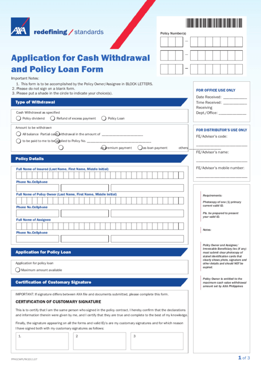 Application For Cash Withdrawal And Policy Loan Form Printable pdf