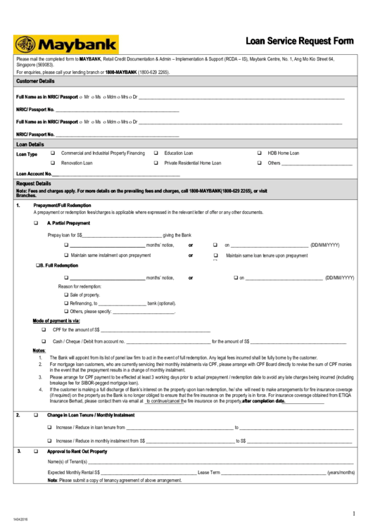Loan Service Request Form Printable pdf