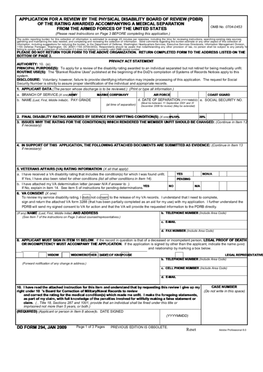 Fillable Dd Form 294 - Application For A Review By The Physical Disability Board Of Review Of The Rating Awarded Accompanying A Medical Separation From The Armed Forces Of The United States Printable pdf