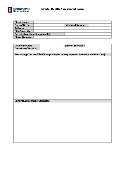Mental Health Assessment Form Printable pdf