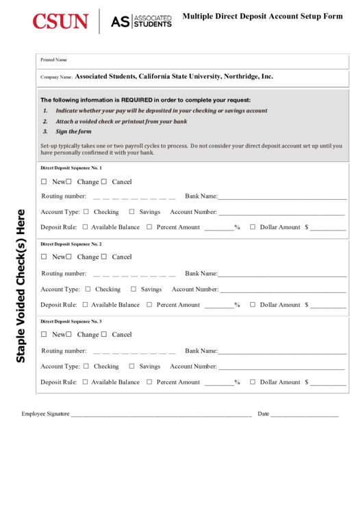 Multiple Direct Deposit Account Setup Form Printable pdf
