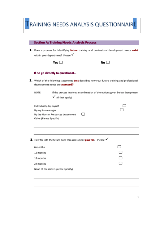 Training Needs Analysis Questionnaire Template Printable pdf