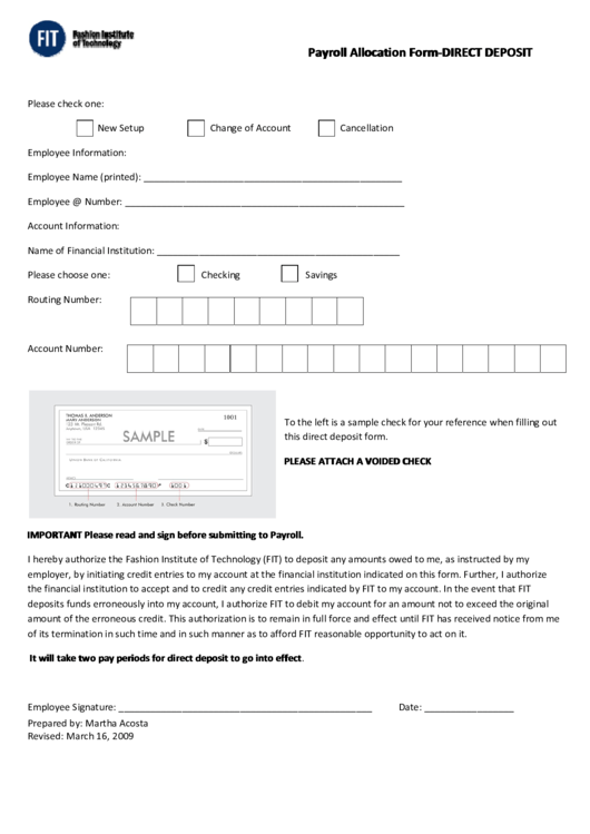 Payroll Allocation Form Direct Deposit Printable pdf