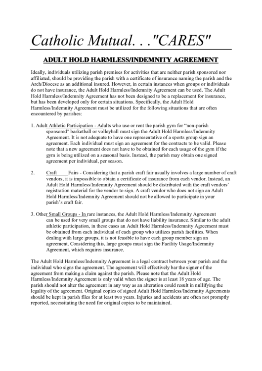 Adult Hold Harmless/indemnity Agreement Template Printable pdf