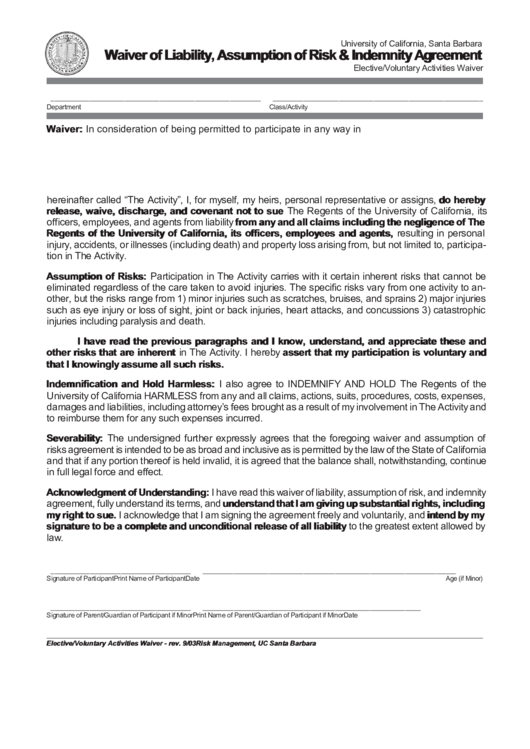 Fillable Waiver Of Liability, Assumption Of Risk And Indemnity Agreement Template Printable pdf