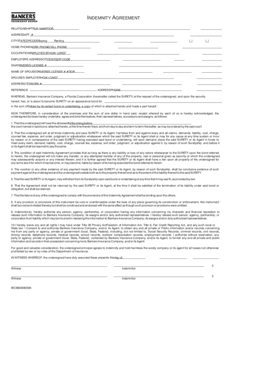 Fillable Bankers Indemnity Agreement Printable pdf