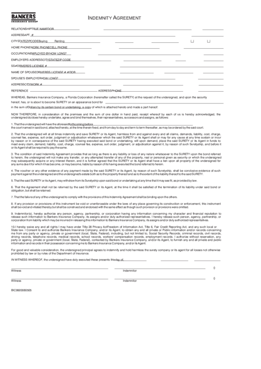 Fillable Bankers Indemnity Agreement printable pdf download