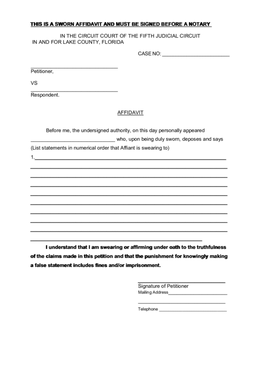 This Is A Sworn Affidavit And Must Be Signed Before A Notary Printable pdf