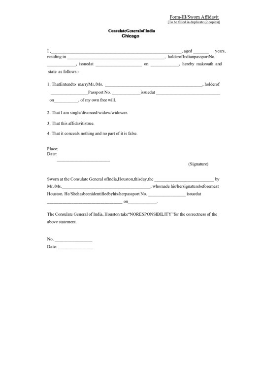 Form-Iii/sworn Affidavit (Consulate General Of India, Chicago) Printable pdf