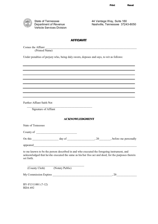 Fillable Form Rv-F1311001 - Affidavit Printable pdf
