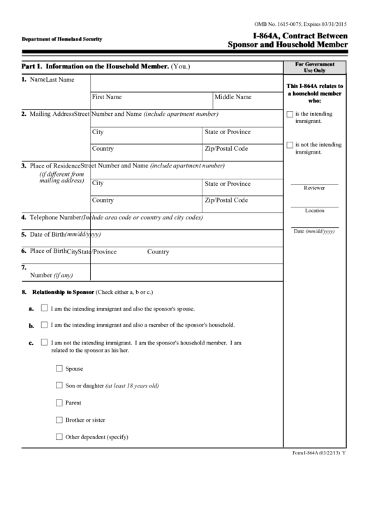 Fillable Form I-864a (Rev. 03/22/13) - Contract Between Sponsor And Household Member Template Printable pdf