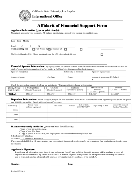 Fillable California State University Affidavit Of Financial Support Form Printable pdf