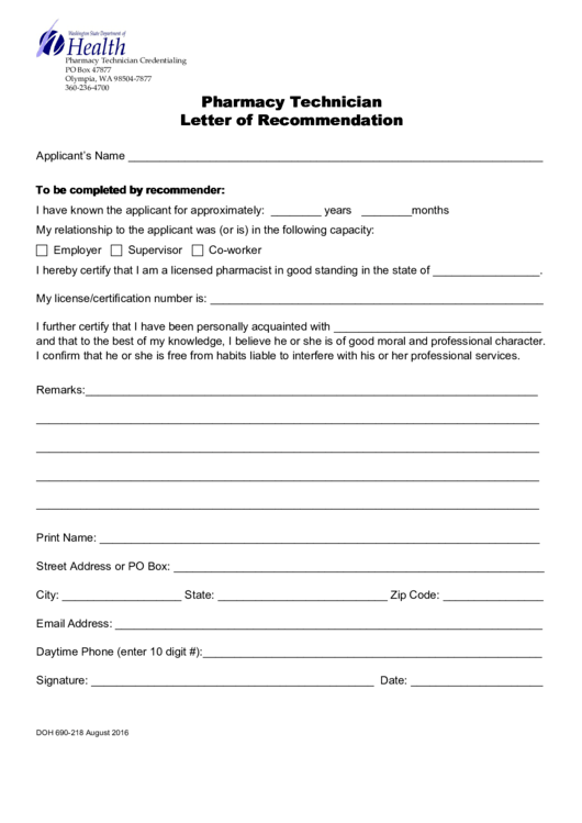Pharmacy Technician Letter Of Recommendation Printable pdf