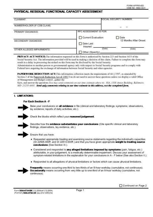 Form Ssa-4734-Bk - Physical Residual Functional Capacity Assessment Printable pdf