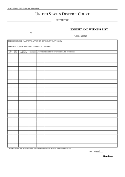 Fillable Exhibit And Witness List Printable pdf