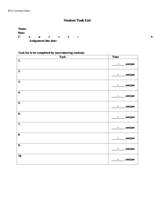Student Task List Printable pdf