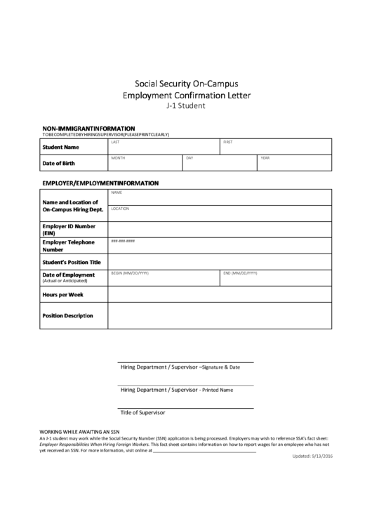 Social Security On-Campus Employment Confirmation Letter Template Printable pdf