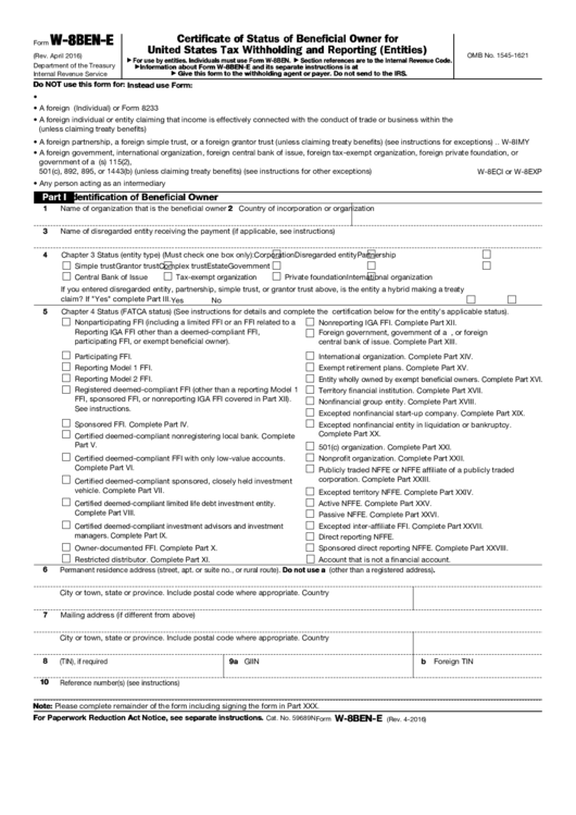 Fillable Form W-8ben-E - Certificate Of Status Of Beneficial Owner For United States Tax Withholding And Reporting (Entities) Printable pdf