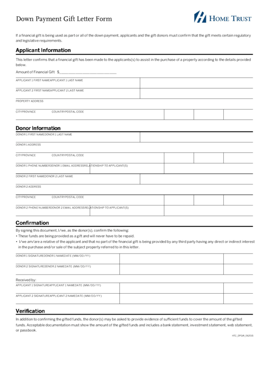 Fillable Down Payment Gift Letter Form - Home Trust Printable pdf