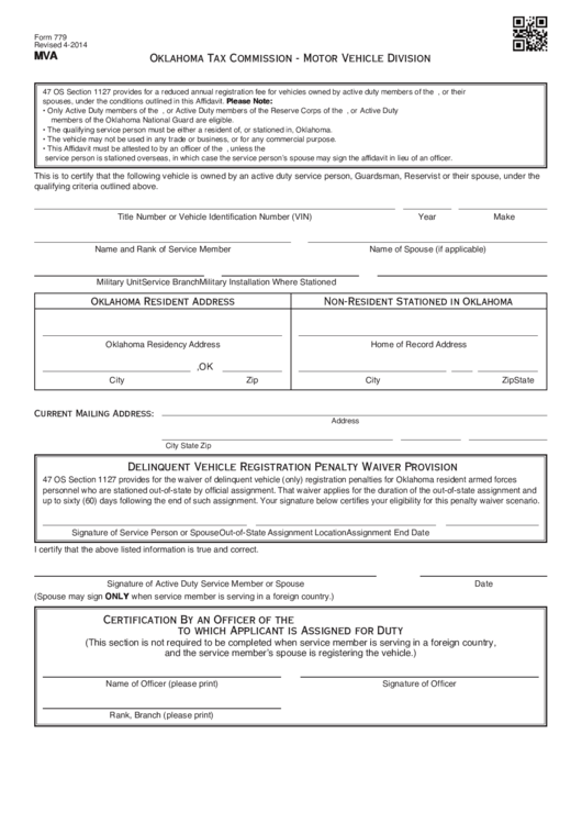 Fillable Oklahoma Tax Commission - Motor Vehicle Division U.s. Armed Forces Affidavit Printable pdf