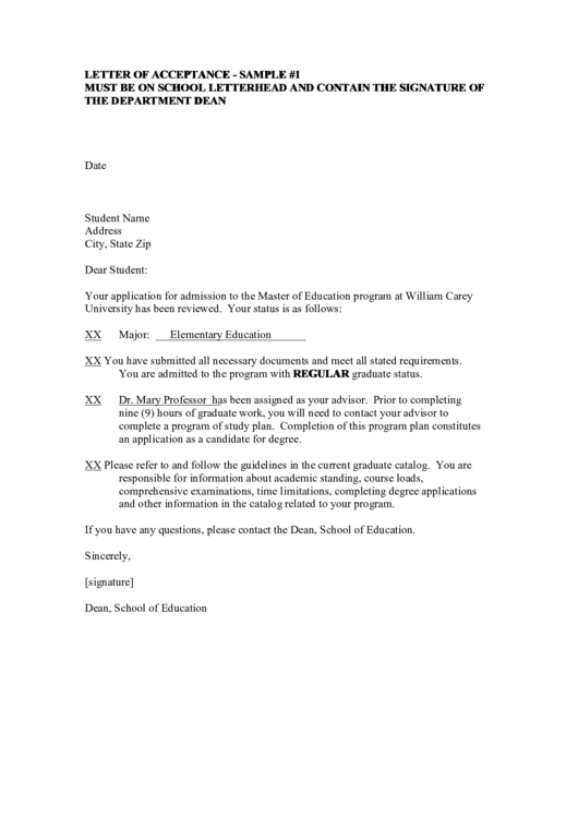 Letter Of Acceptance Sample Printable pdf