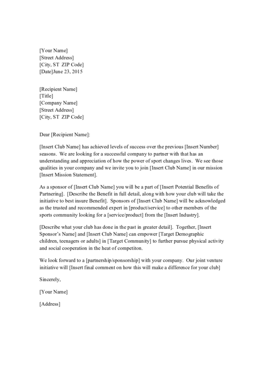 Request For Sponsorship/partnership Letter Template Printable pdf