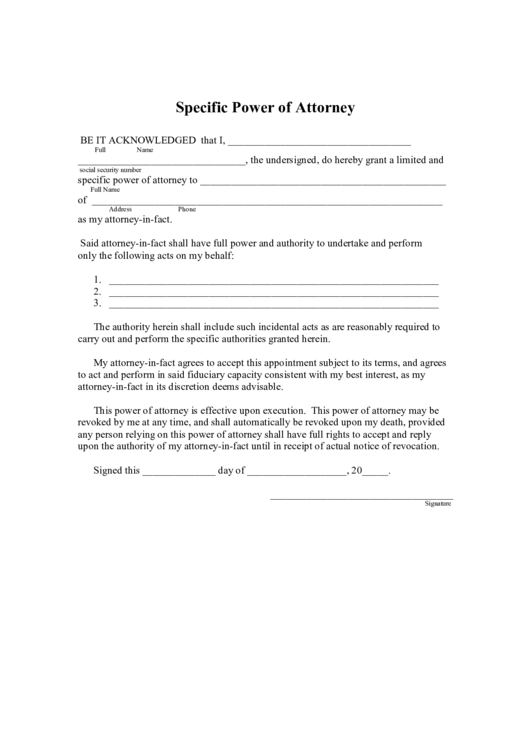 Specific Power Of Attorney Printable pdf