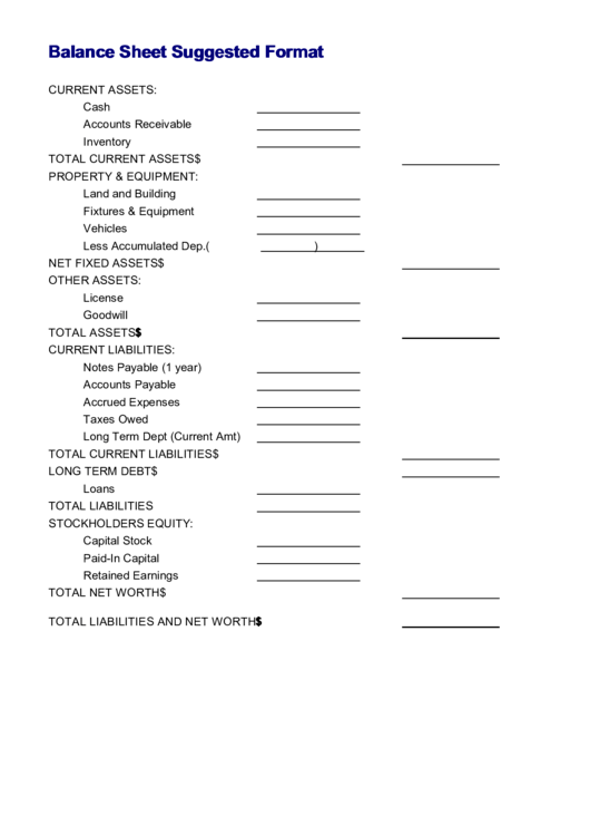 Balance Sheet Suggested Format
