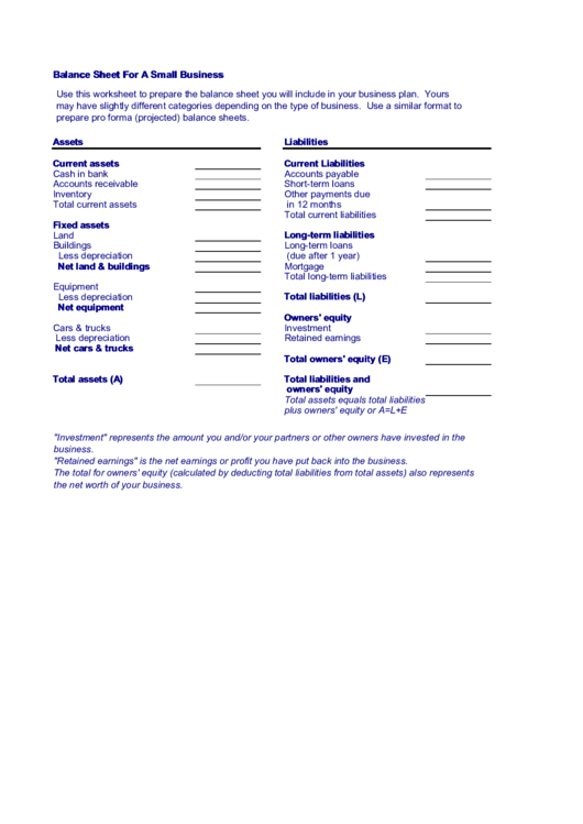 Balance Sheet For A Small Business Printable pdf