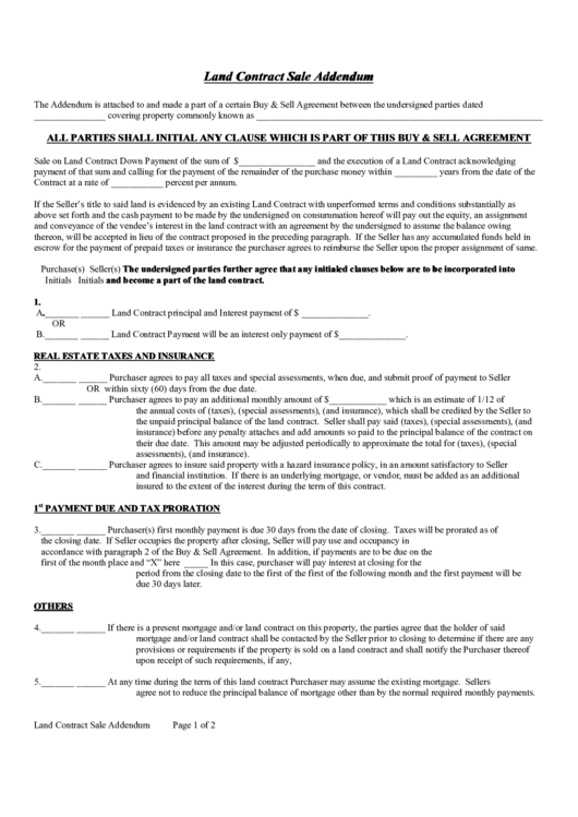 Land Contract Sale Addendum Form Printable pdf