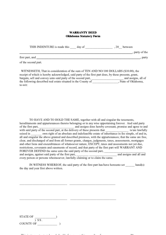 Warranty Deed - Oklahoma Statutory Form Printable pdf