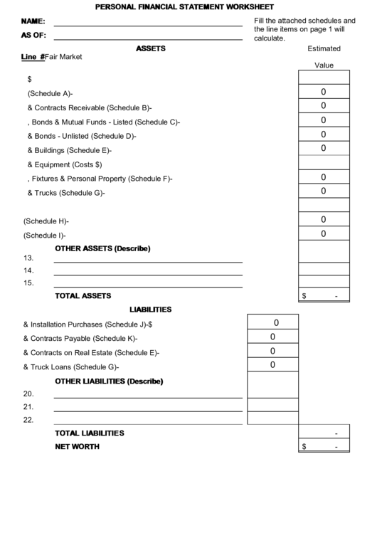 Fillable Personal Financial Statement Worksheet Printable pdf