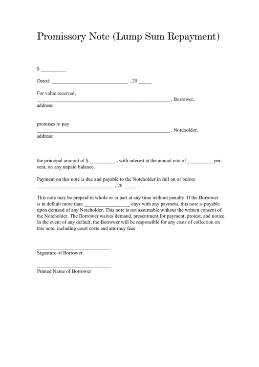 Fillable Promissory Note Lump Sum Repayment Form Printable pdf