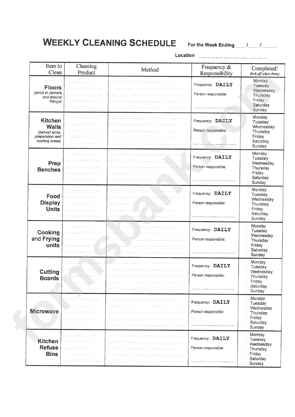 weekly cleaning schedule template printable pdf download