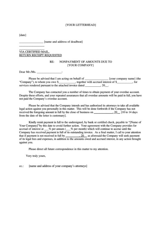 Demand Letter Template - Nonpayment Of Amounts Printable pdf