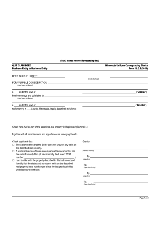 Fillable Form 10.3.5 - Quit Claim Deed Printable pdf