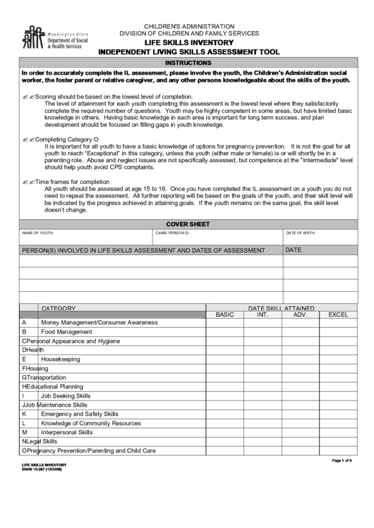 Life Skills Inventory Independent Living Skills Assessment Tool Printable pdf