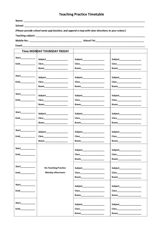 Teaching Practice Timetable Printable pdf