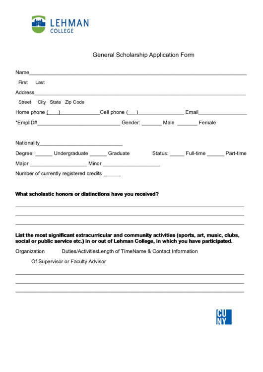 Fillable General Scholarship Application Form Printable pdf