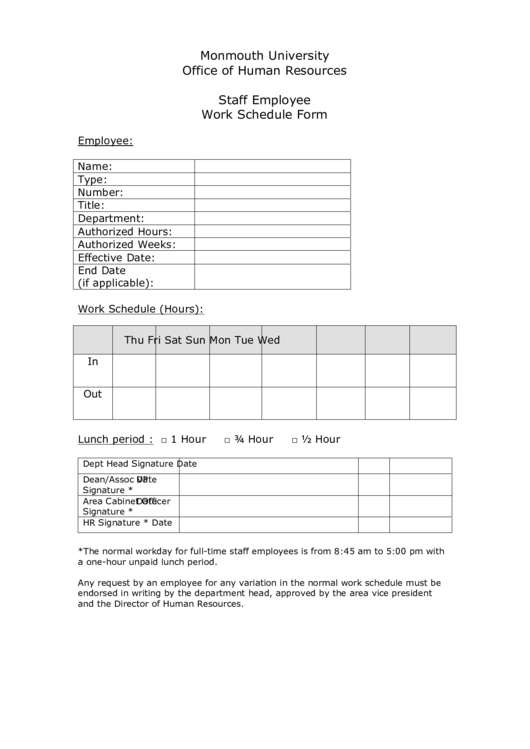 Staff Employee Work Schedule Form Printable pdf