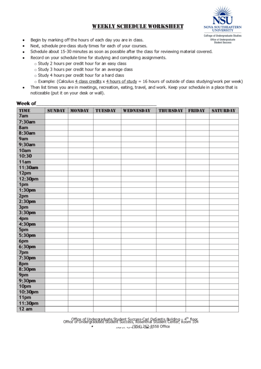 Weekly Schedule Worksheet Printable pdf