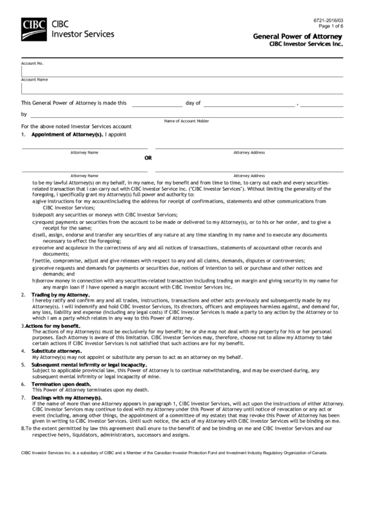 Cibc Investor Services General Power Of Attorney Form printable pdf
