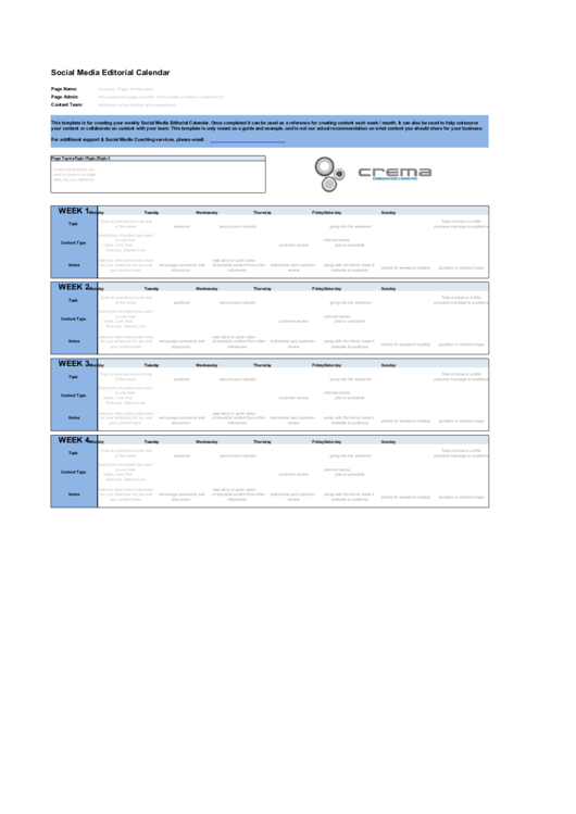 Social Media Editorial Calendar Template Printable pdf